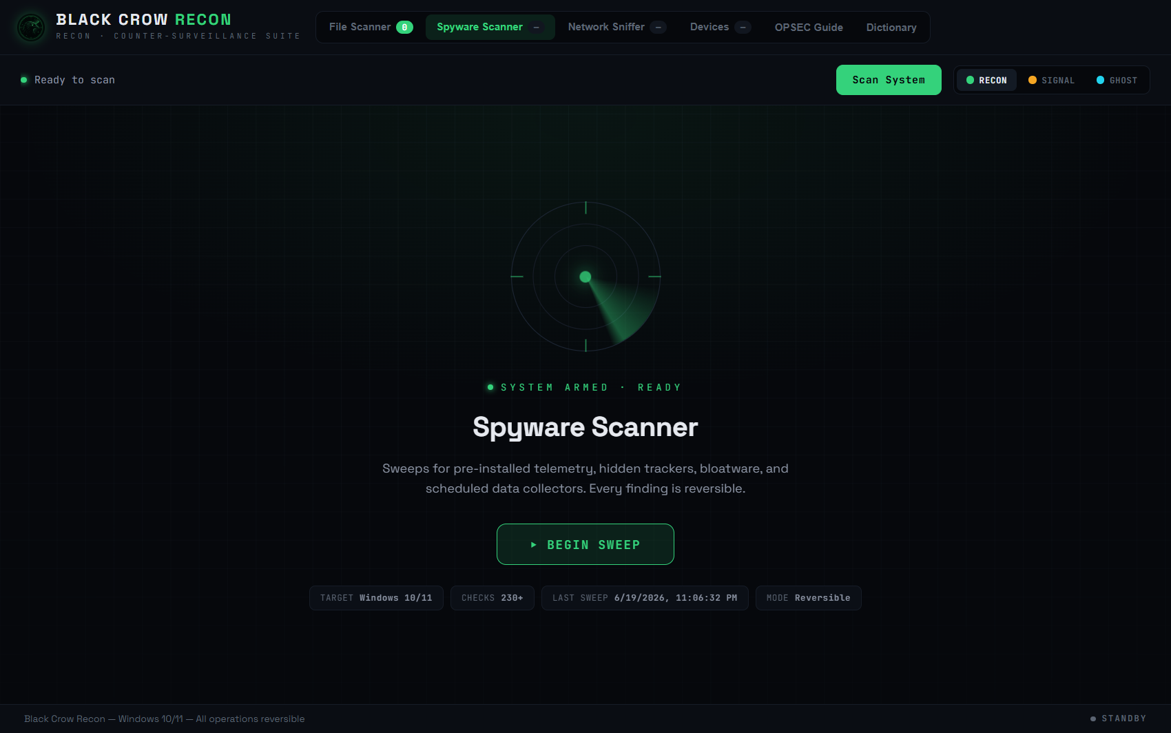 Black Crow Recon — Spyware Scanner screenshot