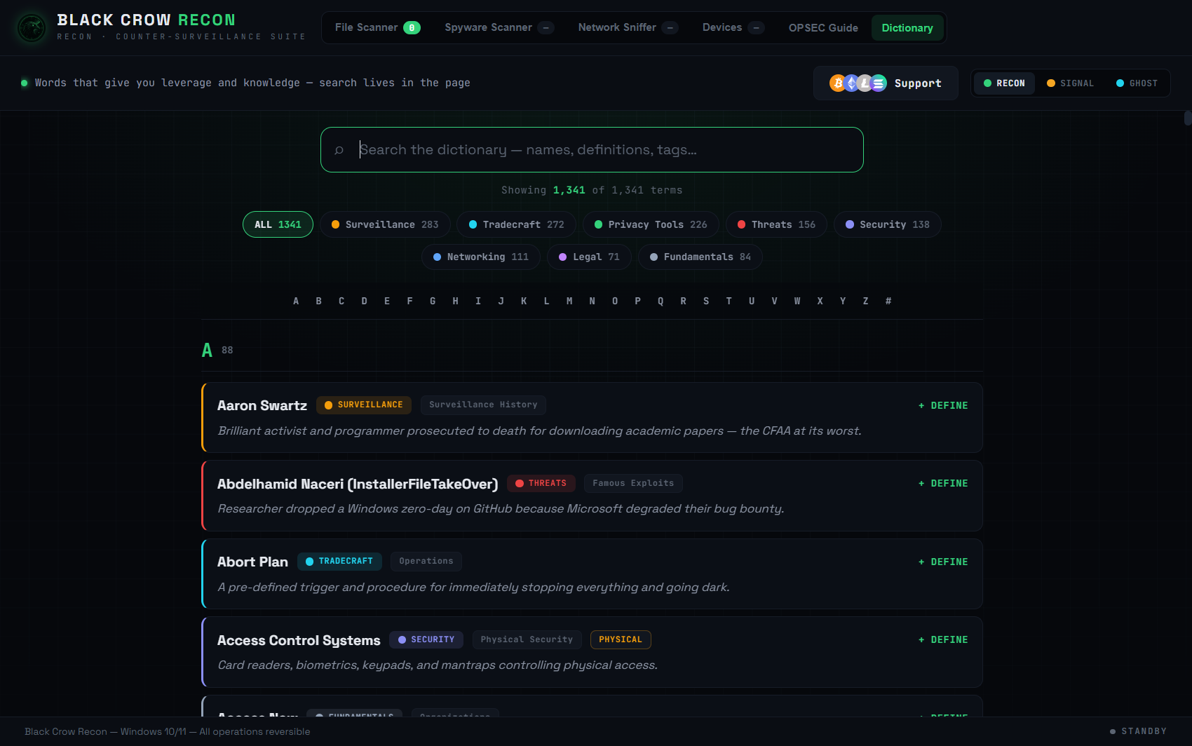 Black Crow Recon — Dictionary screenshot